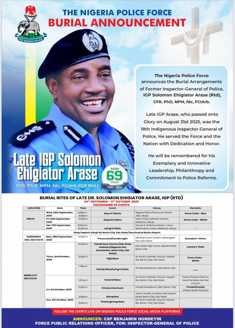 Police Release Burial Arrangements for Late IGP Solomon Arase Scheduled for Abuja, Benin and Sabongida – Ore